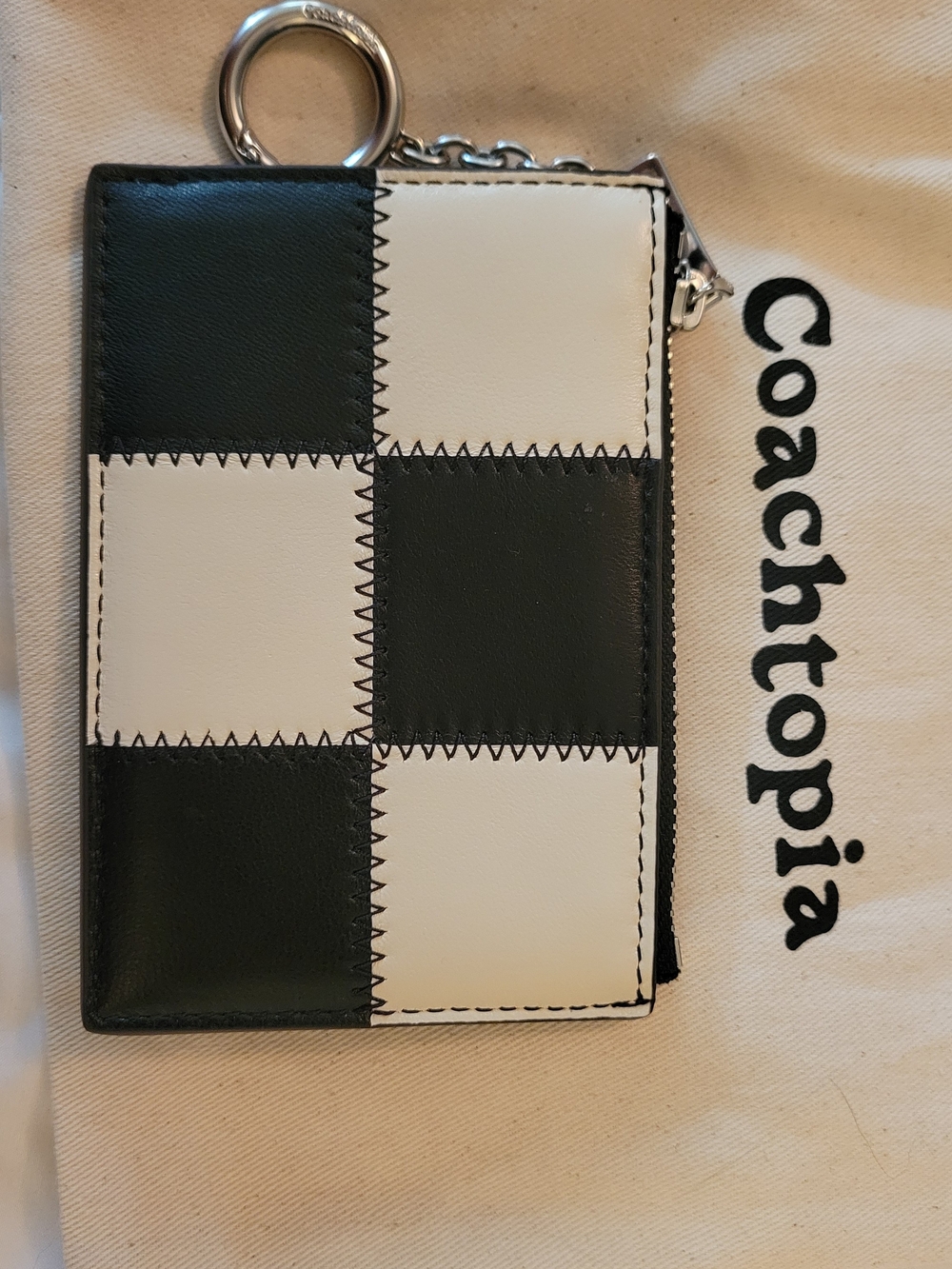 Coachtopia Coach Black & White Checkerboard Zip Card Case with Key Ring